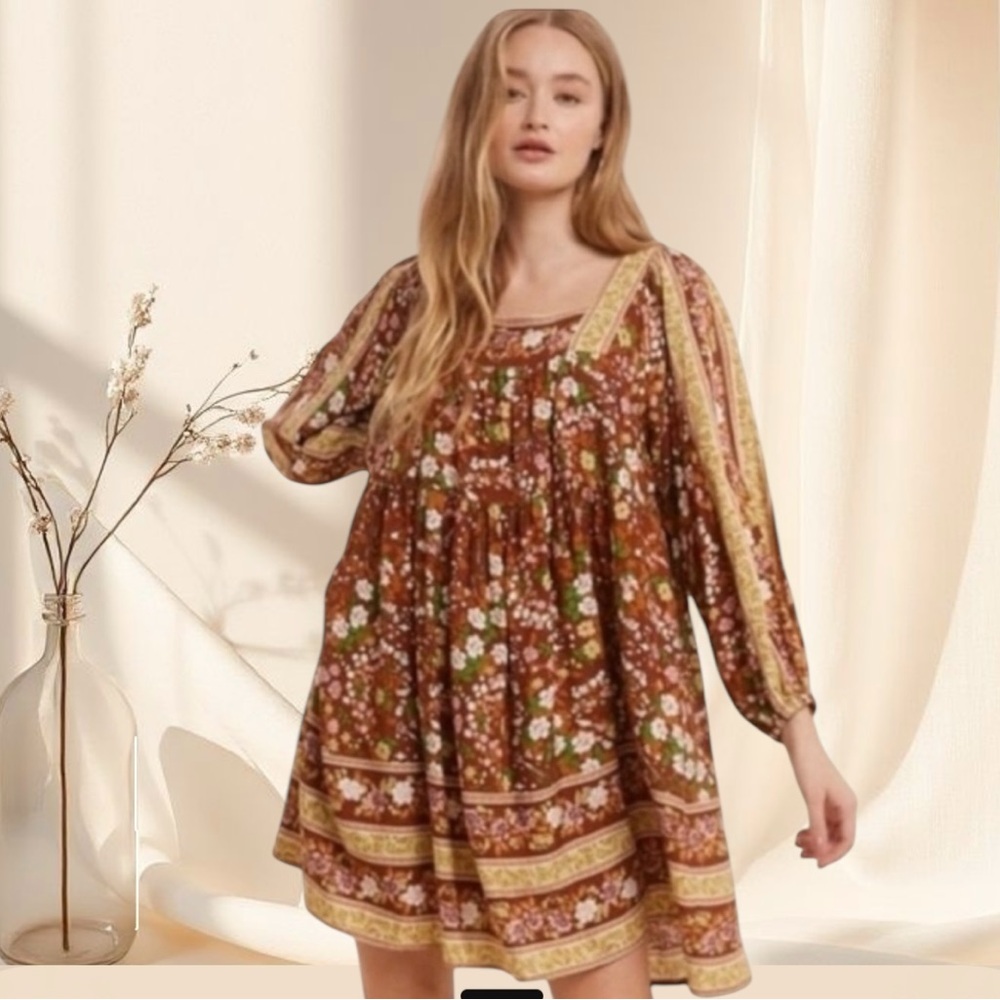 Brown Rust Orange Brown Floral Print Smocked Babydoll Mini Dress - Picture 4 of 8